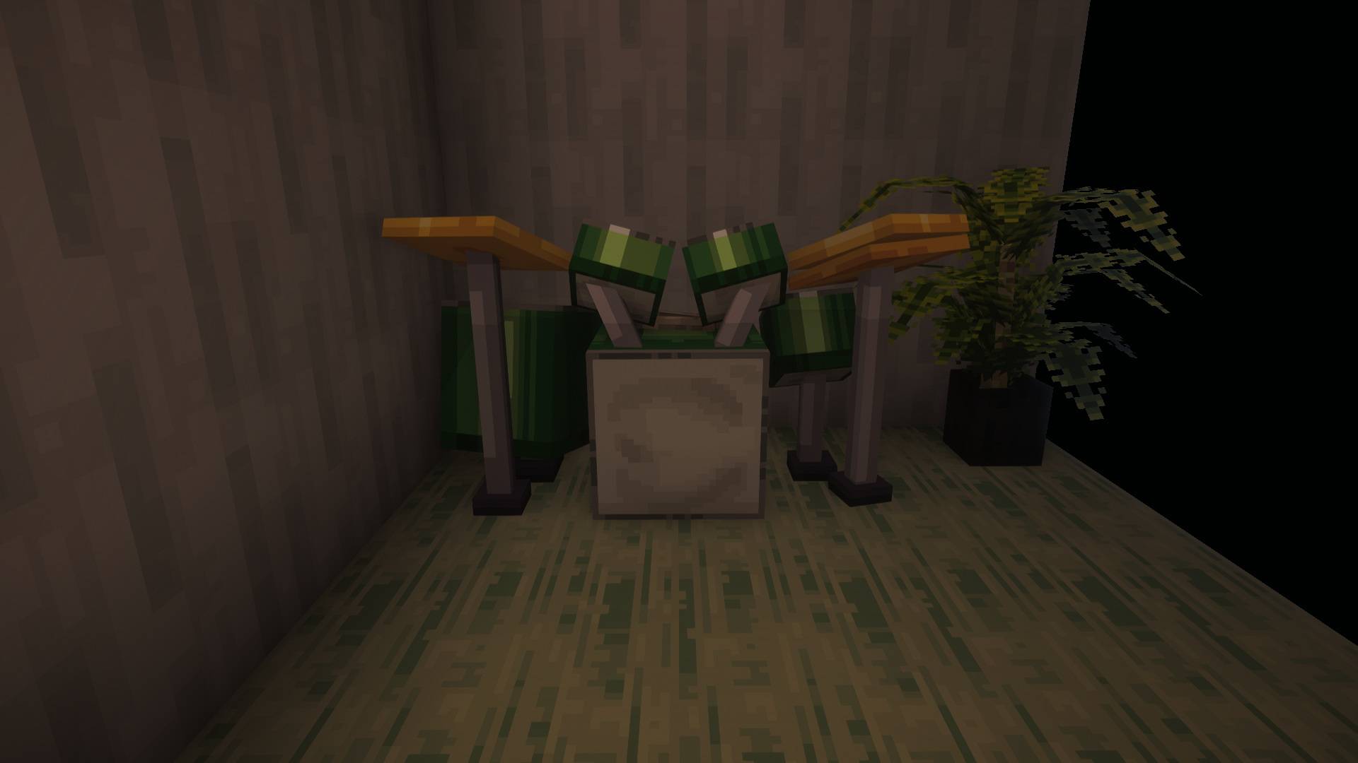 Thumbnail A naturally generated drum kit and potted plant in Playrooms Extended. Captured with optional Complementary Reimagined shaders.