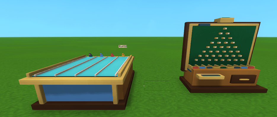 Native Hytale gameplay: Duck Race table beside a Plinko machine