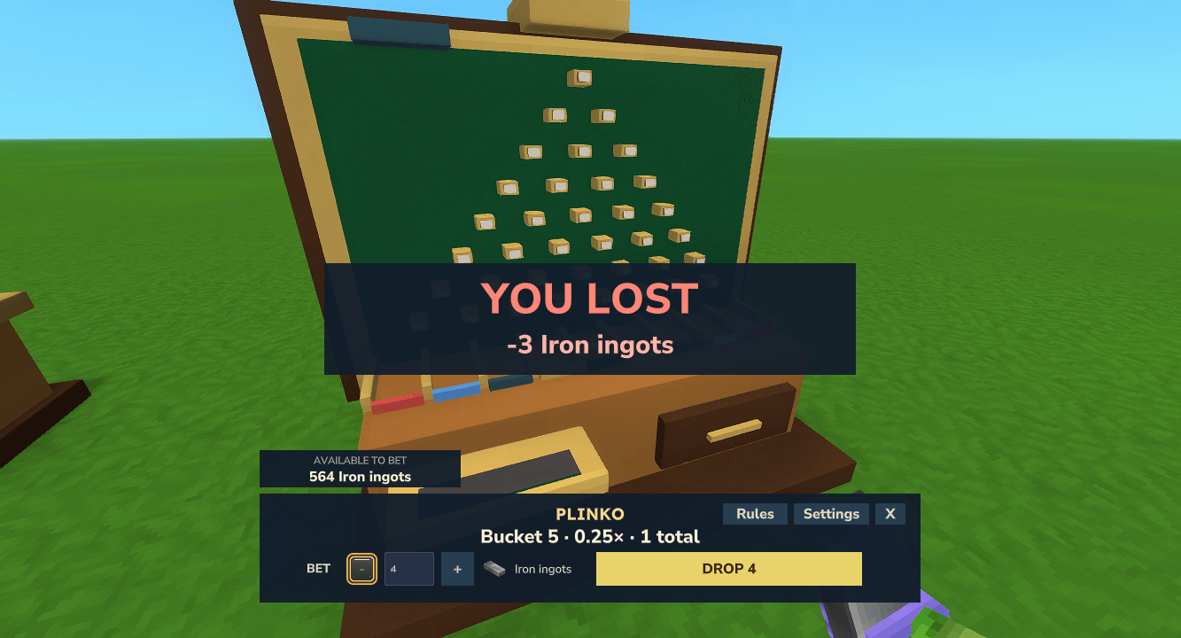 Native Plinko controls and result shown at the machine