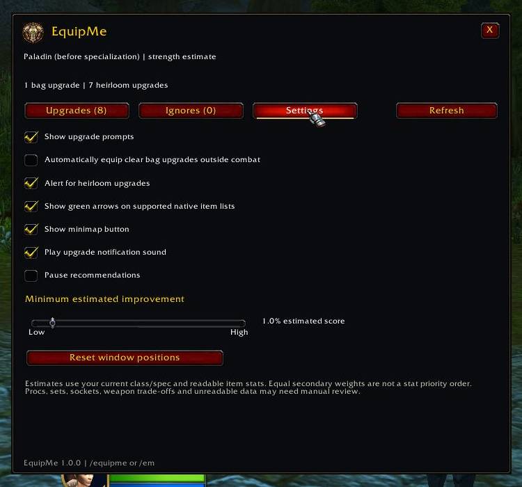 Thumbnail Choose upgrade prompts, heirloom alerts, green arrows, minimap access and sound in Settings. Automatic equipping is optional and is shown turned off here.