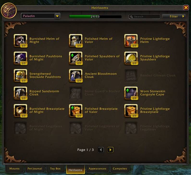 Thumbnail Green arrows highlight selected useful items in the native Heirlooms collection. EquipMe compares them with the gear you already wear and carry, so another equivalent copy does not need an arrow.