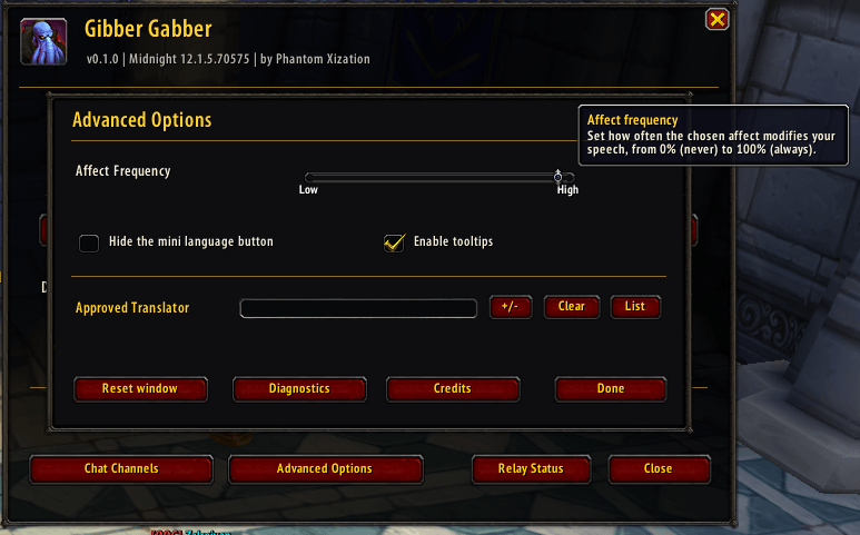 Thumbnail Adjust speech effect frequency, control the mini language button, turn help tooltips on or off, and access additional settings.