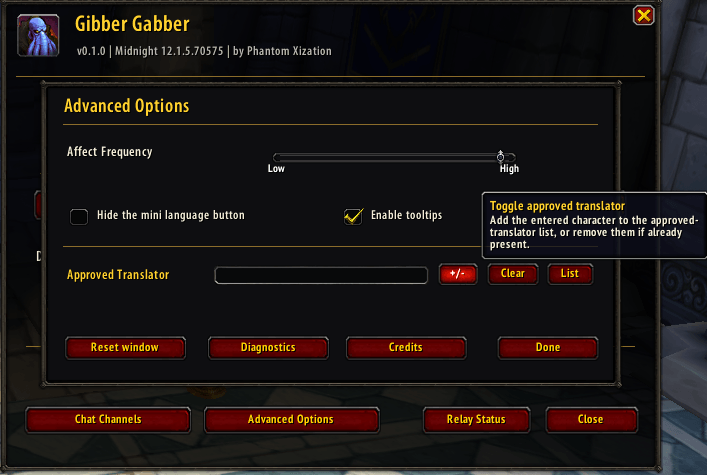 Thumbnail Add or remove approved translators, clear an entry, and view the translator list from Advanced Options.