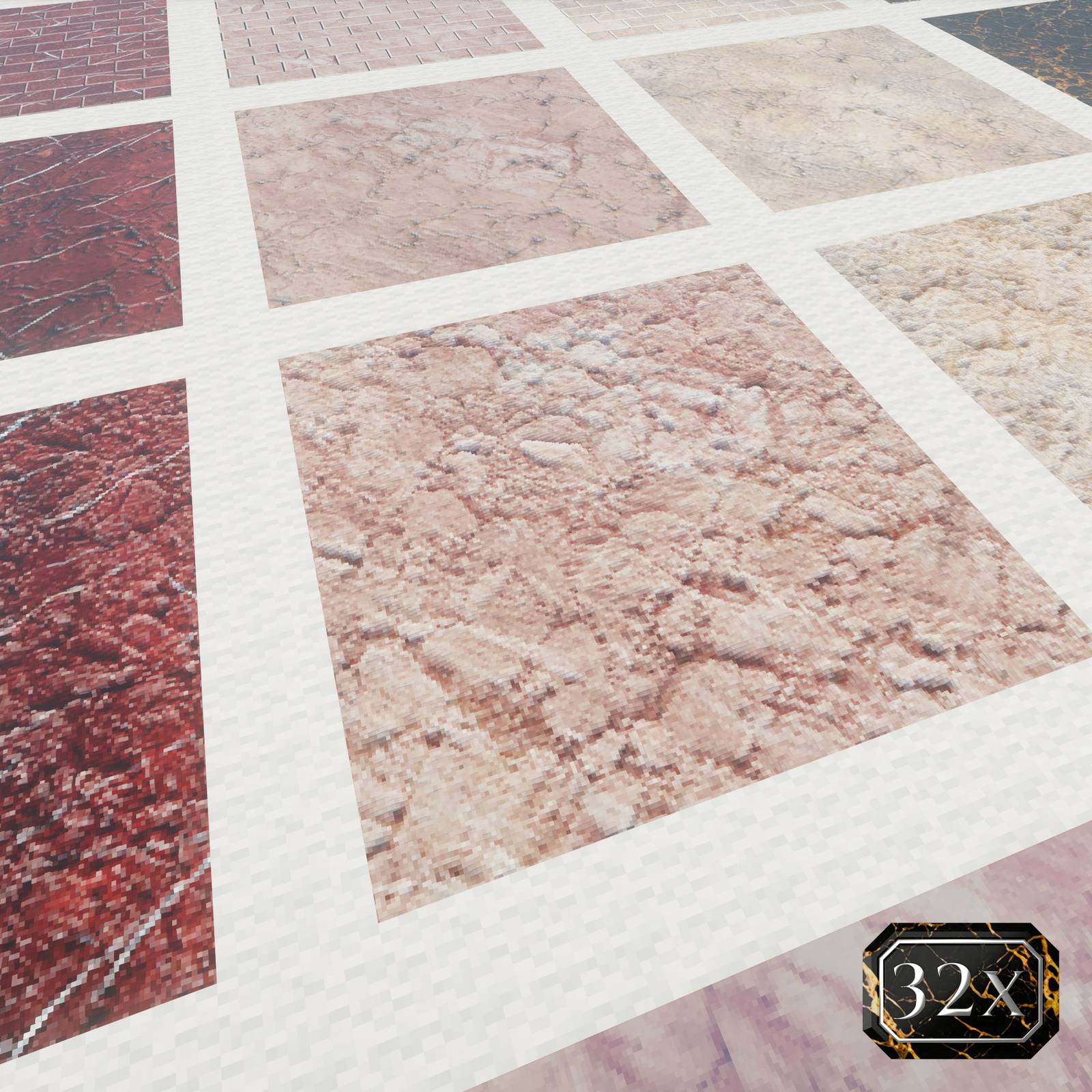 Thumbnail 32x resource-pack example: Rough red and pink stone textures. Shaders: Complementary Unbound.