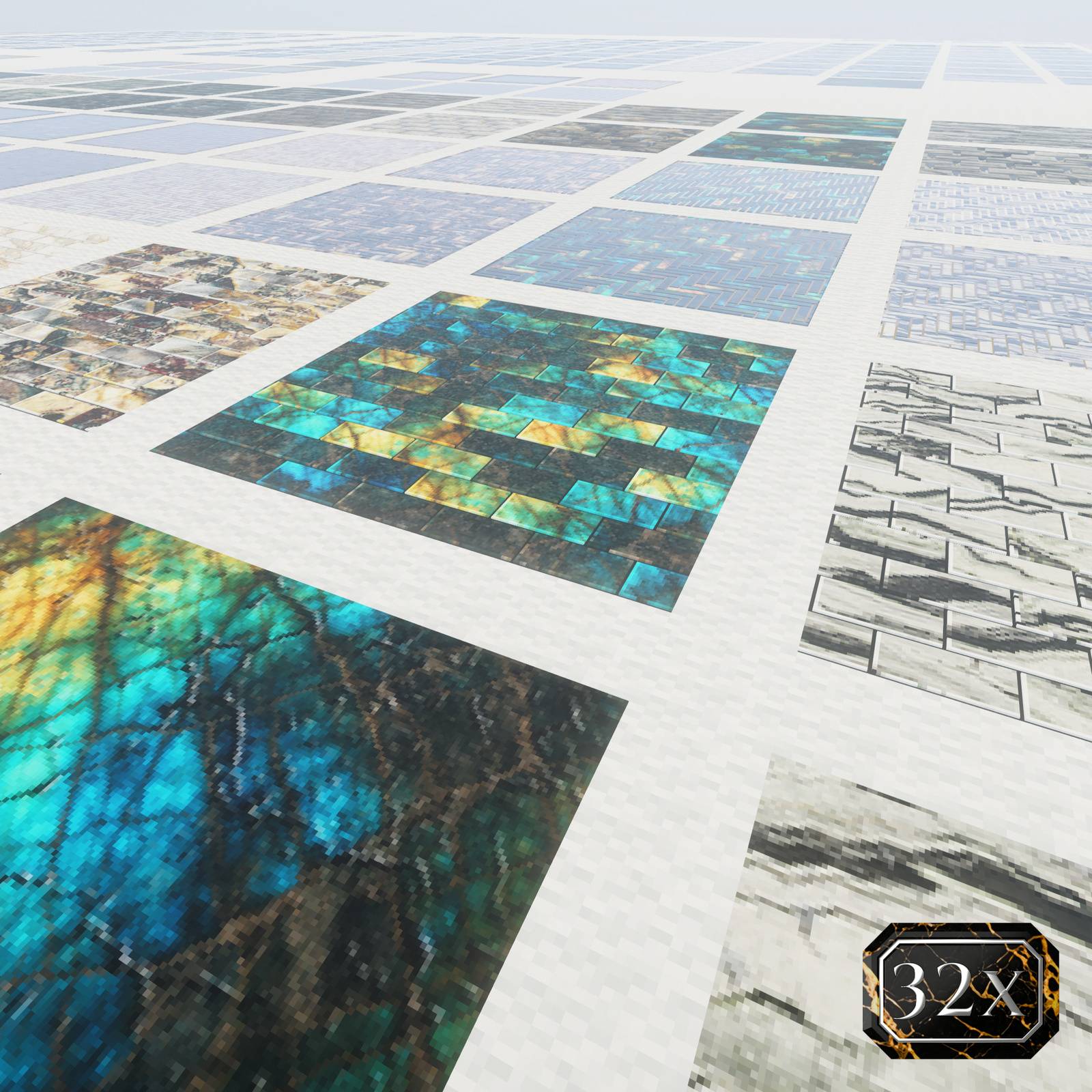 Thumbnail 32x resource-pack example: Turquoise stone and patterned mosaic panels. Shaders: Complementary Unbound.