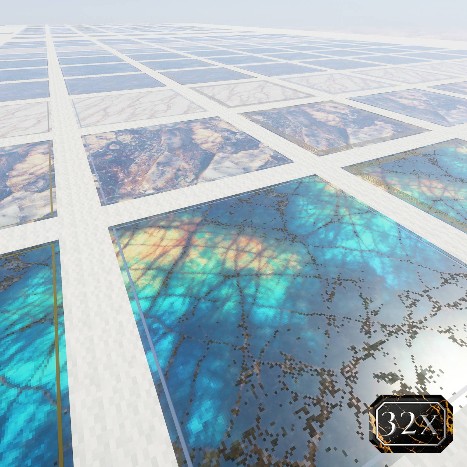 Thumbnail 32x resource-pack example: Veined turquoise stone with metallic detailing. Shaders: Complementary Unbound.