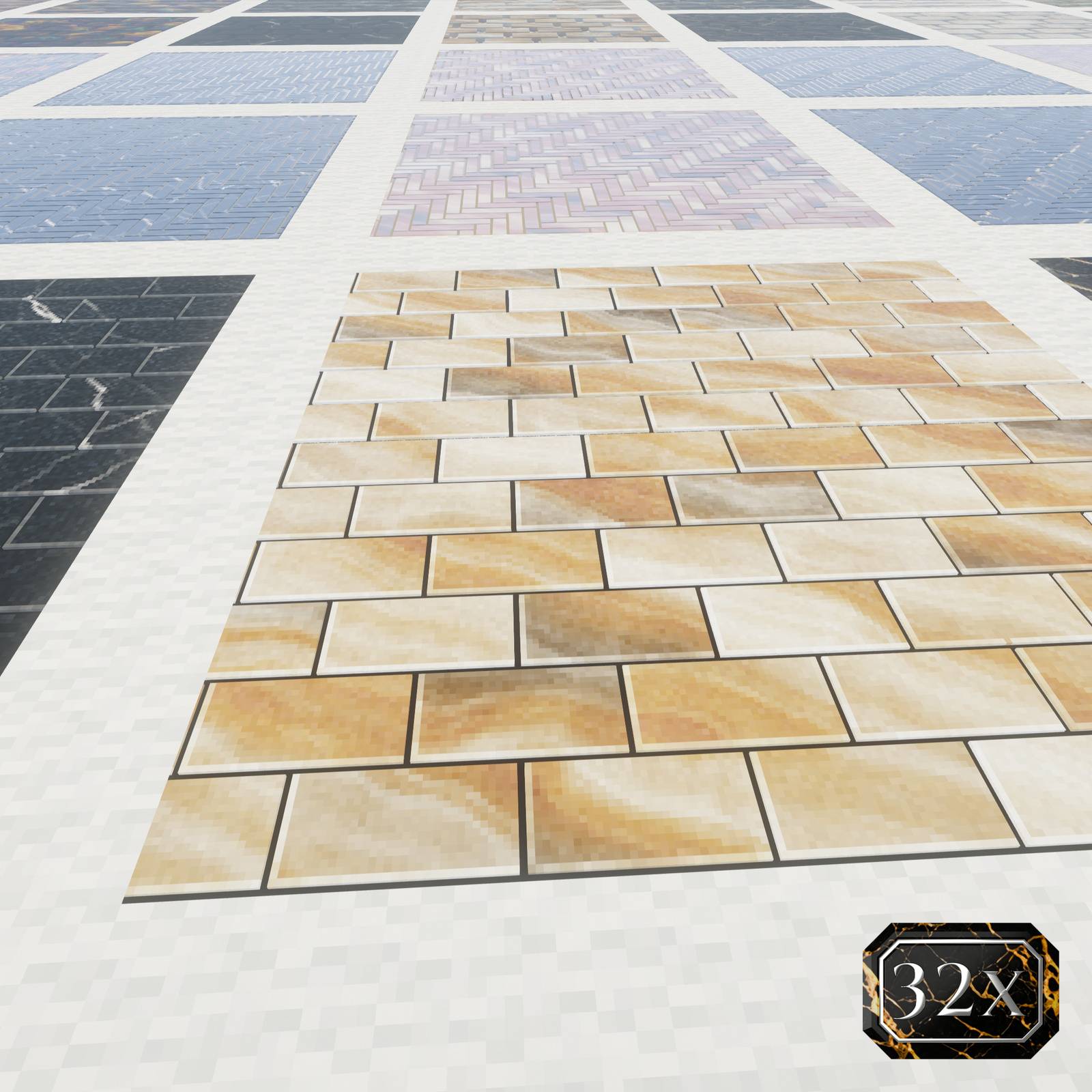 Thumbnail 32x resource-pack example: Warm stone tiles in a staggered pattern. Shaders: Complementary Unbound.