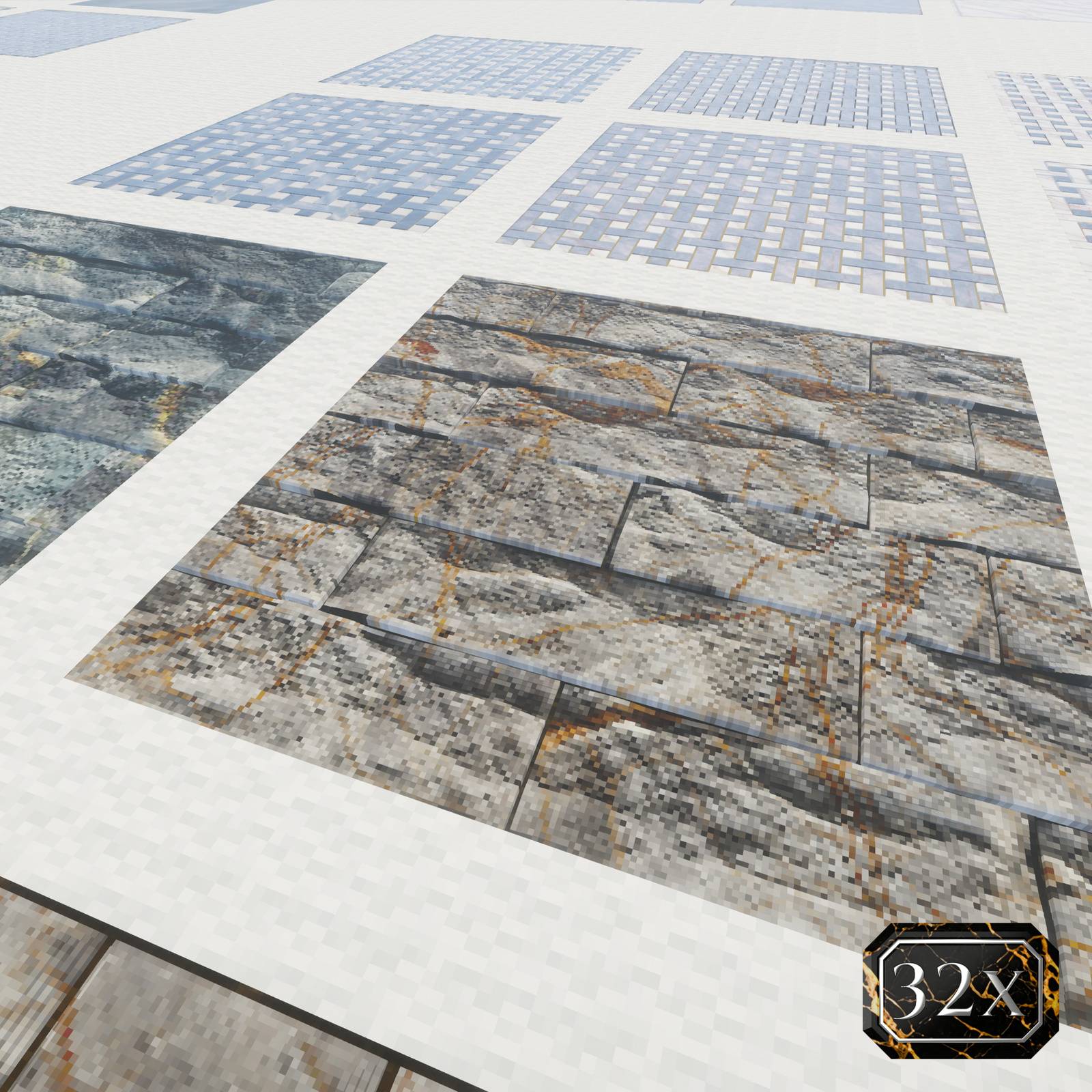 Thumbnail 32x resource-pack example: Weathered stone blocks with deep surface detail. Shaders: Complementary Unbound.