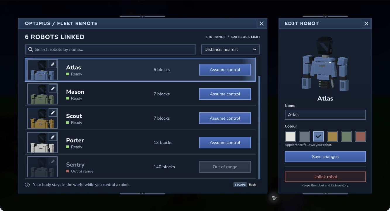 Fleet Handset appearance editor showing a robot bust, name field and six colour choices