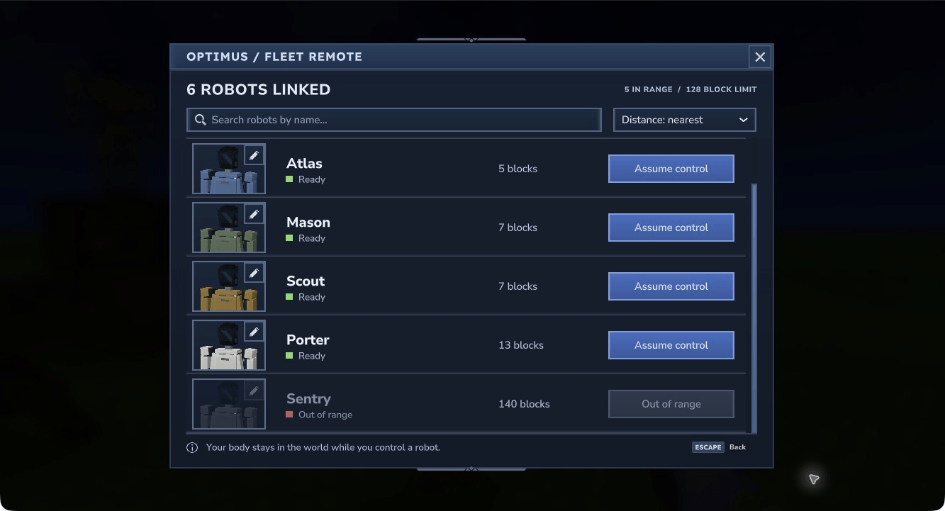 Fleet Handset showing a searchable robot roster, portraits, distances and control actions