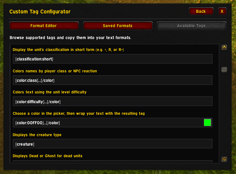 Supported tags can be copied (CTRL+C) from here and pasted (CTRL+V) directly into the editor