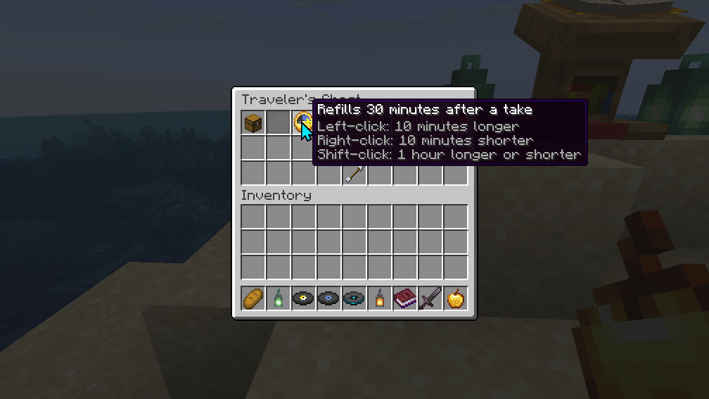 Thumbnail Facing a Traveler's Chest, /chests opens its menu. The clock sets how long after the first take it refills: 10 minutes a click, or an hour with shift.
