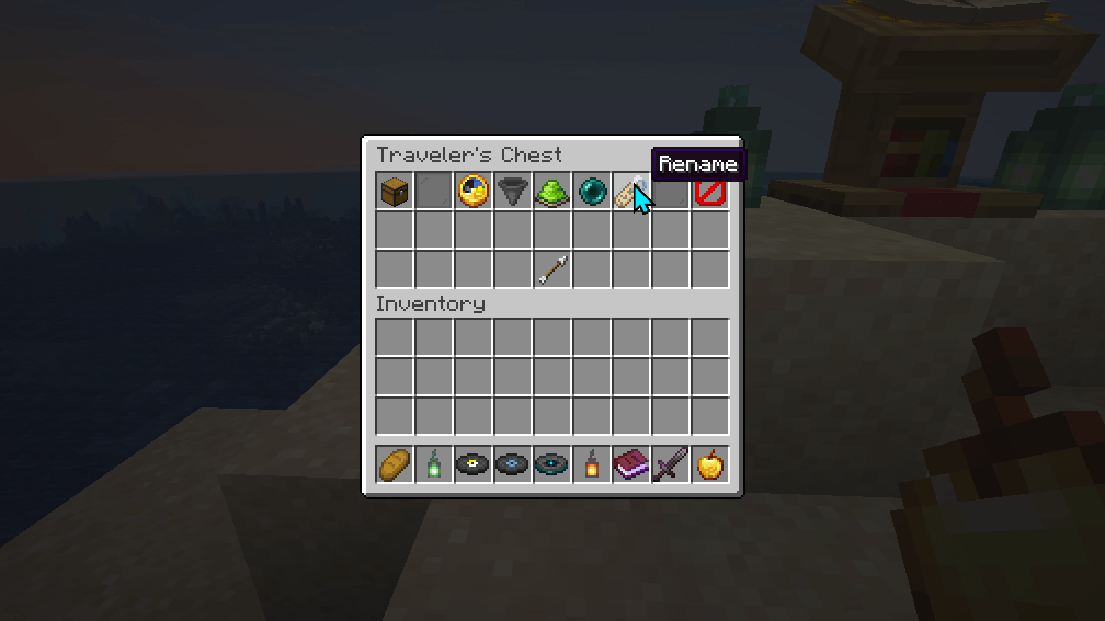 Thumbnail Rename opens an anvil holding the chest's name. The new name is written onto the chest, so players see it as its title.