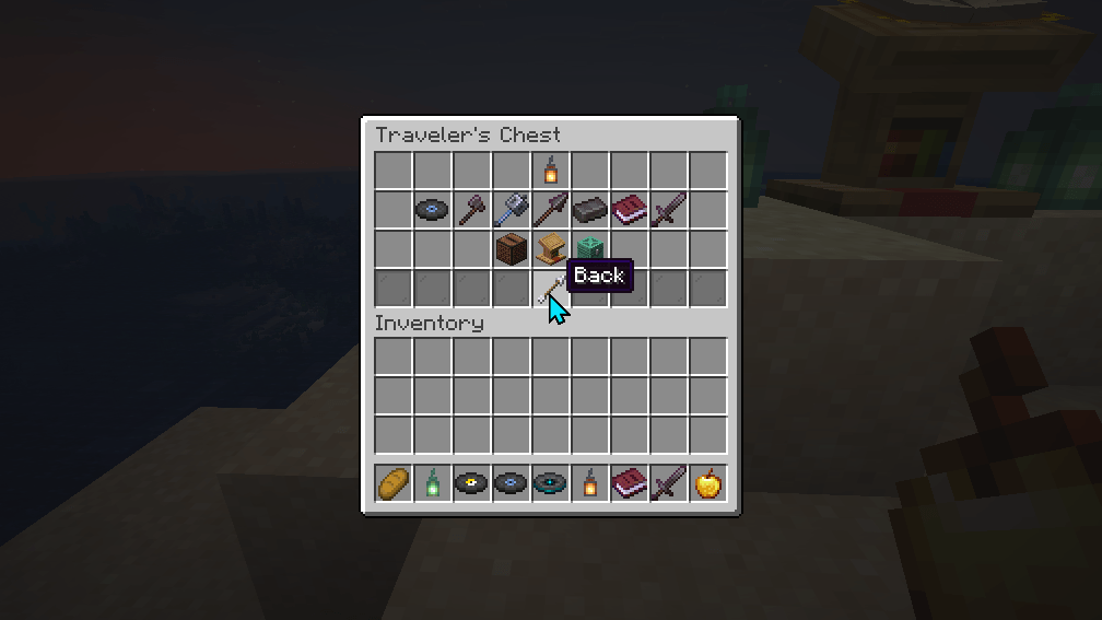 Thumbnail The chest's own slots, opened from its menu. Move items in and out as at the chest. Back or Esc returns to the menu, and asks whether to save the items if you changed them.