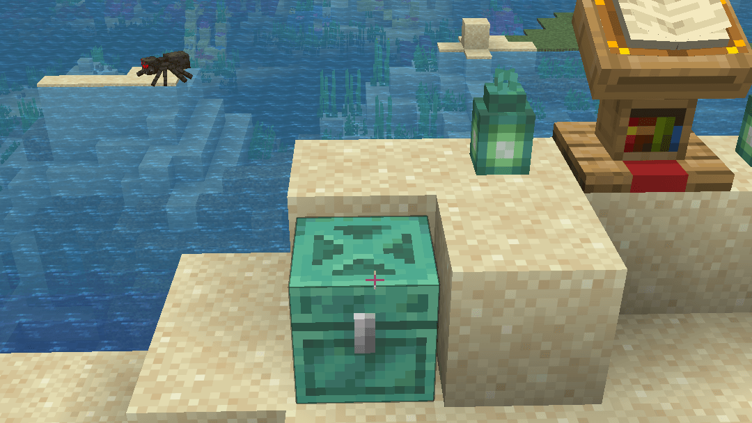 Thumbnail A Traveler's Chest is a chest block players already know, here beside a Traveler's Lectern, and they open it with no client mod.