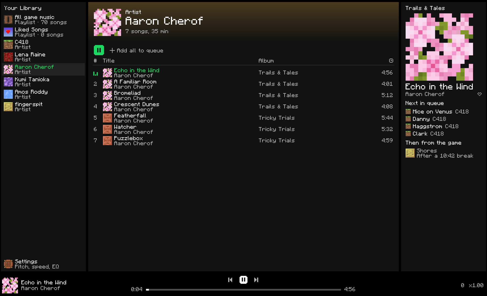 An artist page playing through, with the queue and the game's next song on the right.