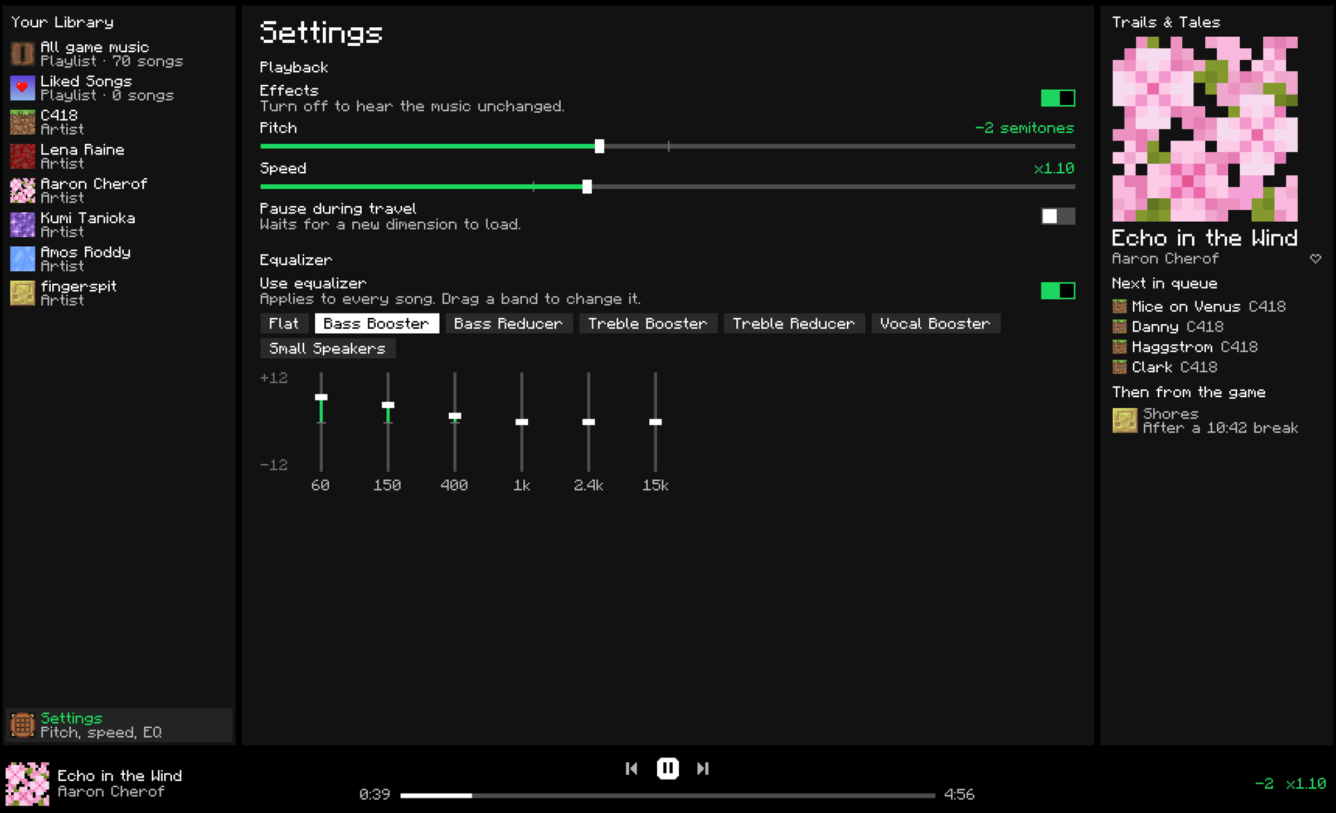 Thumbnail Pitch, speed, and the 6-band equalizer, applied to the song that's playing.