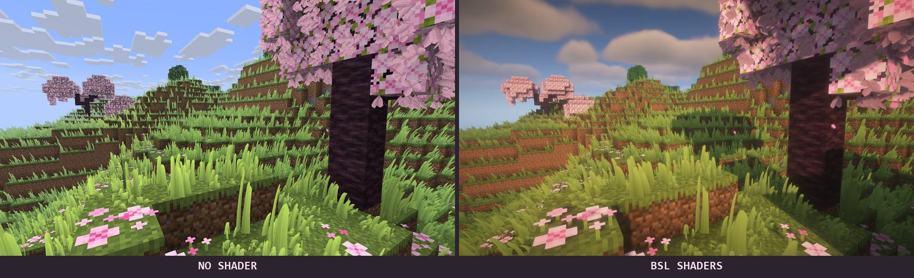 Thumbnail Real in-game capture of Lush Grass & Leaves. Same camera: no shader on the left, BSL Shaders by capttatsu on the right. Minecraft 26.3, NeoForge, Iris and Sodium.