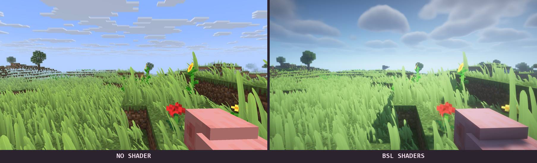 Thumbnail Real in-game capture. Same viewpoint: no shader on the left, BSL Shaders by capttatsu on the right. Minecraft 26.3, NeoForge, Iris and Sodium.
