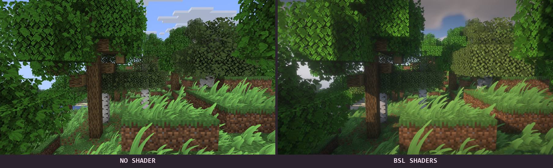 Thumbnail Real in-game capture. Same viewpoint: no shader on the left, BSL Shaders by capttatsu on the right. Minecraft 26.3, NeoForge, Iris and Sodium.