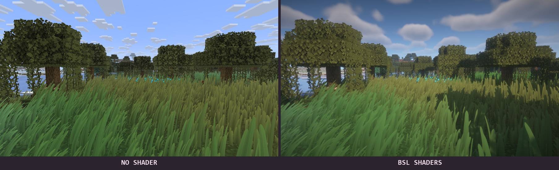 Thumbnail Real in-game capture. Same viewpoint: no shader on the left, BSL Shaders by capttatsu on the right. Minecraft 26.3, NeoForge, Iris and Sodium.