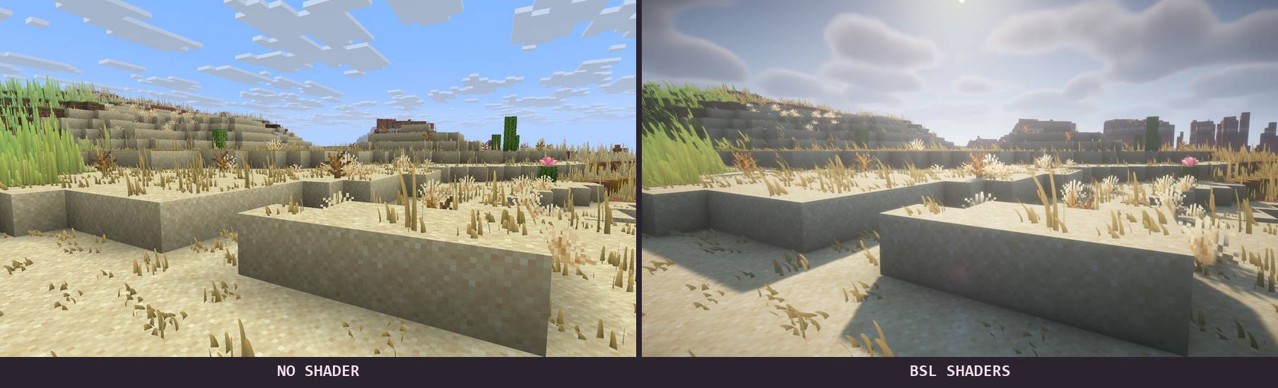 Thumbnail Real in-game capture. Same viewpoint: no shader on the left, BSL Shaders by capttatsu on the right. Minecraft 26.3, NeoForge, Iris and Sodium.