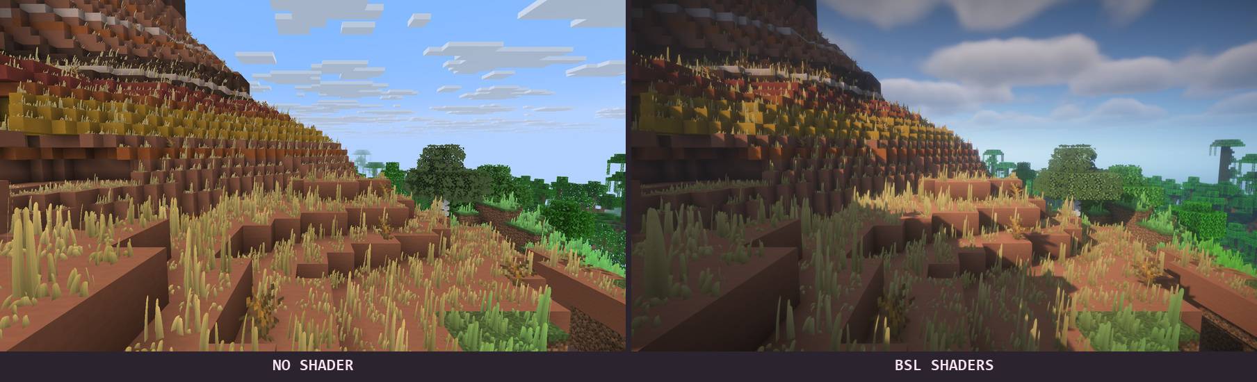 Thumbnail Real in-game capture. Same viewpoint: no shader on the left, BSL Shaders by capttatsu on the right. Minecraft 26.3, NeoForge, Iris and Sodium.