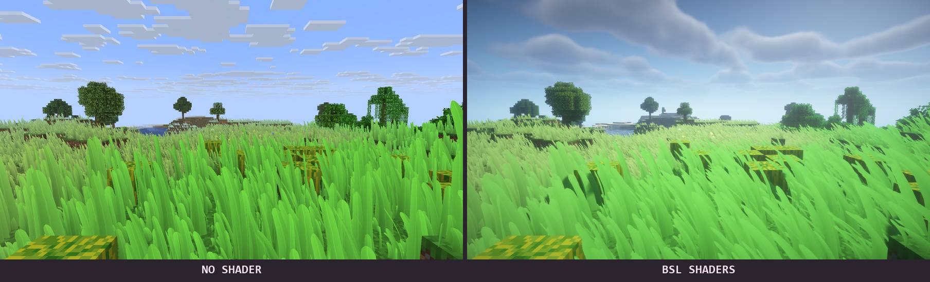 Thumbnail Real in-game capture. Same viewpoint: no shader on the left, BSL Shaders by capttatsu on the right. Minecraft 26.3, NeoForge, Iris and Sodium.