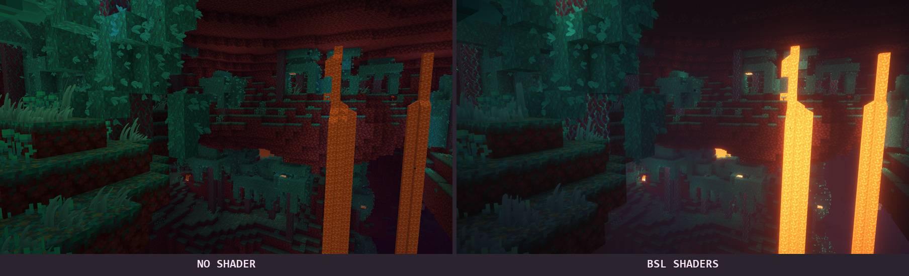 Thumbnail Real in-game capture. Same viewpoint: no shader on the left, BSL Shaders by capttatsu on the right. Minecraft 26.3, NeoForge, Iris and Sodium.