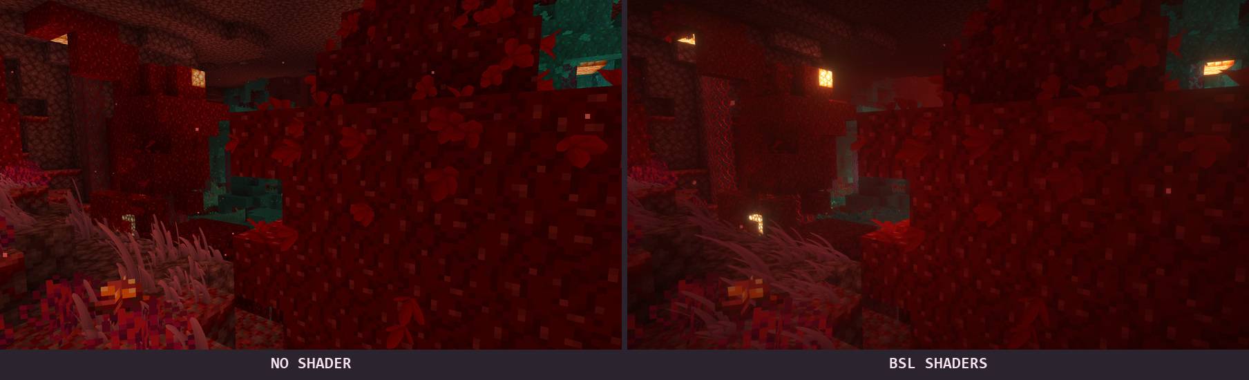 Thumbnail Real in-game capture. Same viewpoint: no shader on the left, BSL Shaders by capttatsu on the right. Minecraft 26.3, NeoForge, Iris and Sodium.