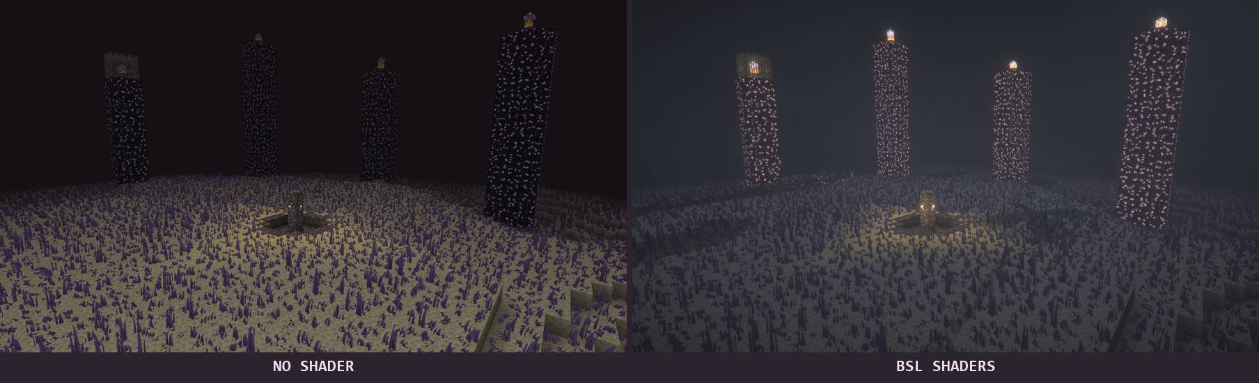 Thumbnail Real in-game capture. Same viewpoint: no shader on the left, BSL Shaders by capttatsu on the right. Minecraft 26.3, NeoForge, Iris and Sodium.