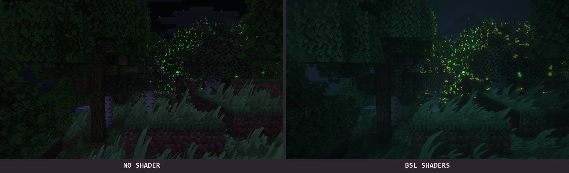 Thumbnail Real in-game capture. Same viewpoint: no shader on the left, BSL Shaders by capttatsu on the right. Minecraft 26.3, NeoForge, Iris and Sodium.