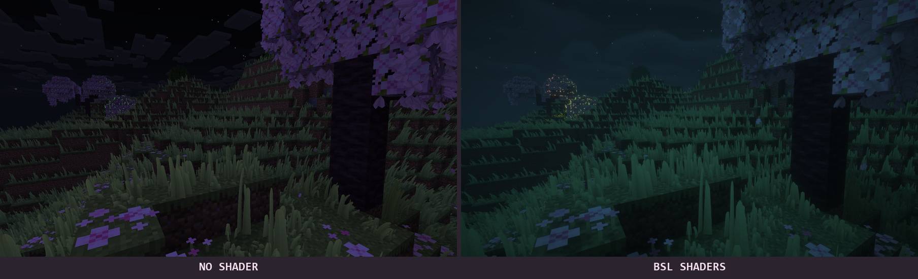 Thumbnail Real in-game capture. Same viewpoint: no shader on the left, BSL Shaders by capttatsu on the right. Minecraft 26.3, NeoForge, Iris and Sodium.
