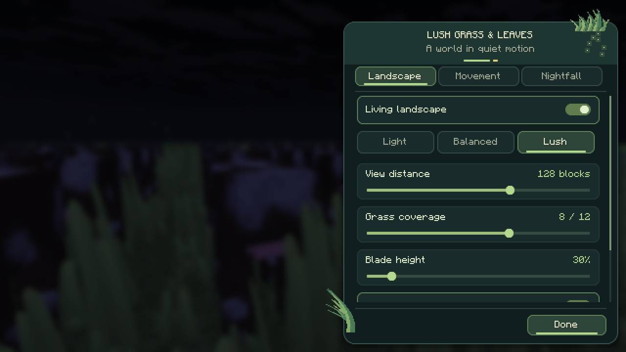 Thumbnail The in-game configuration screen with Light, Balanced and Lush presets, live adjustments and reduced-motion controls.