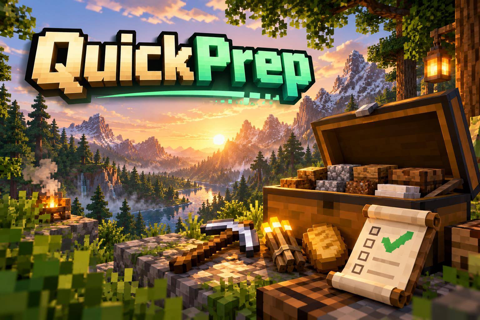 Promotional cover illustration for QuickPrep, created with AI assistance. Artwork, not a gameplay screenshot. Plan your kit and find missing supplies in containers you have opened.