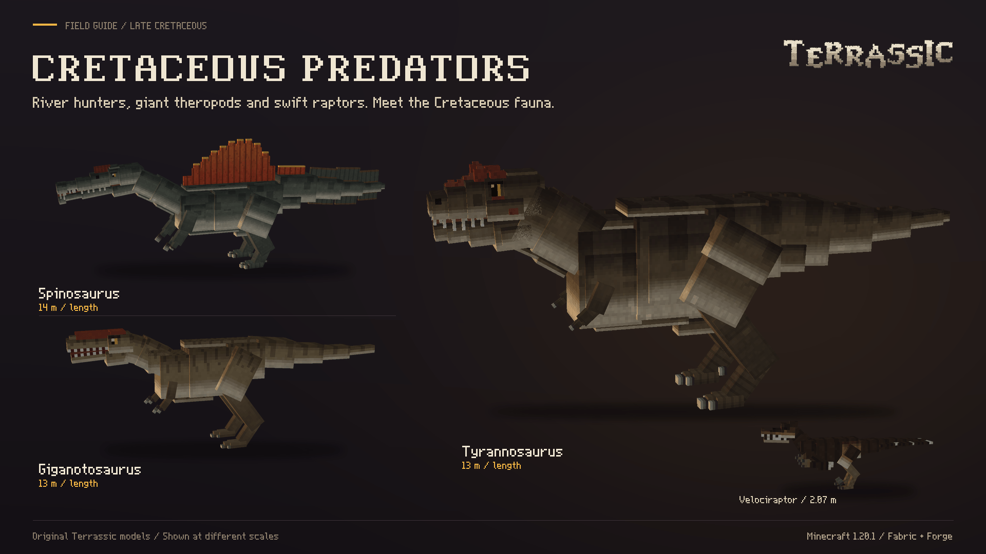 Spinosaurus, Giganotosaurus and Tyrannosaurus at their real fossil sizes, with a Velociraptor for scale. Rendered from the in-game models.