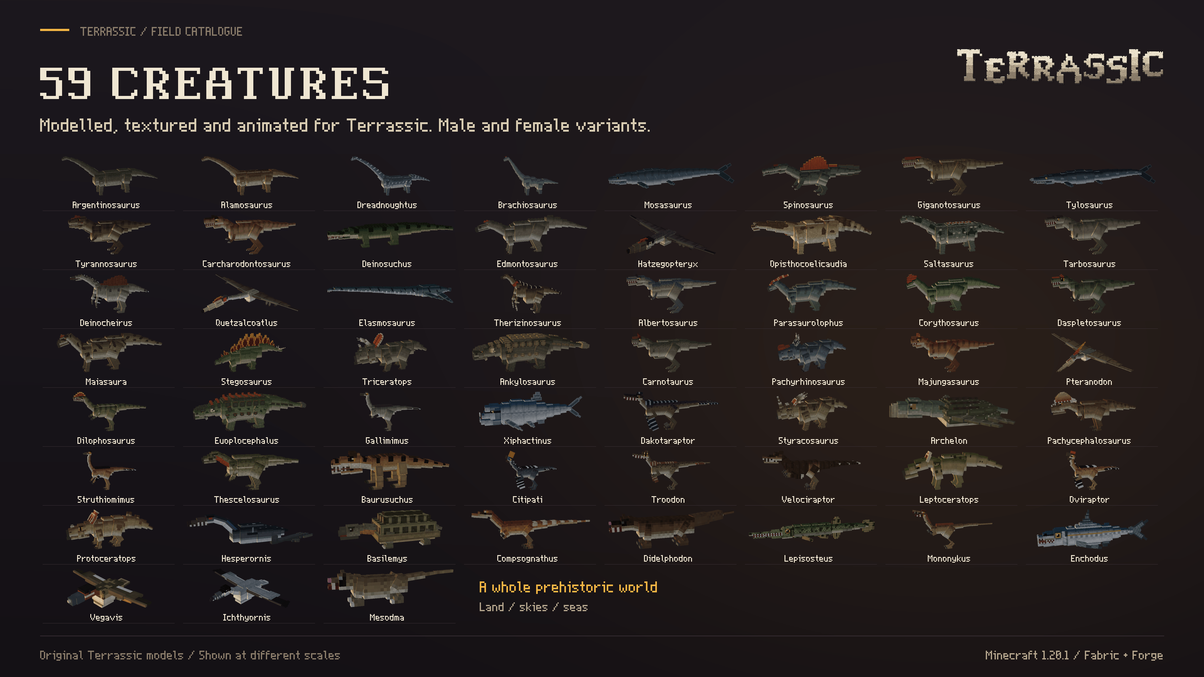 Every species currently in Terrassic, sorted by size. Rendered from the in-game models.