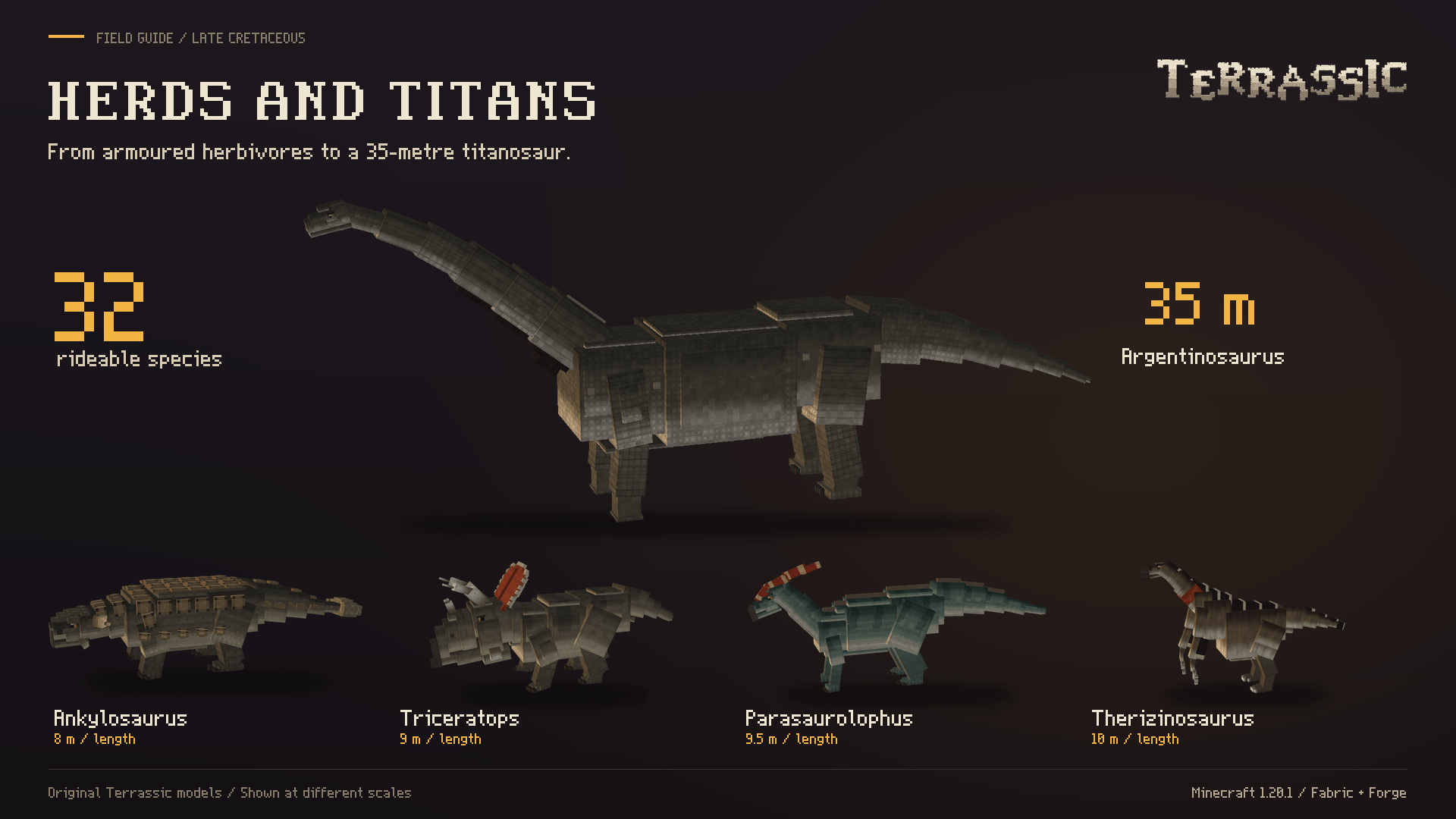 Ankylosaurus, Triceratops, a 35-metre Argentinosaurus, Parasaurolophus and Therizinosaurus at real relative size. Rendered from the in-game models.