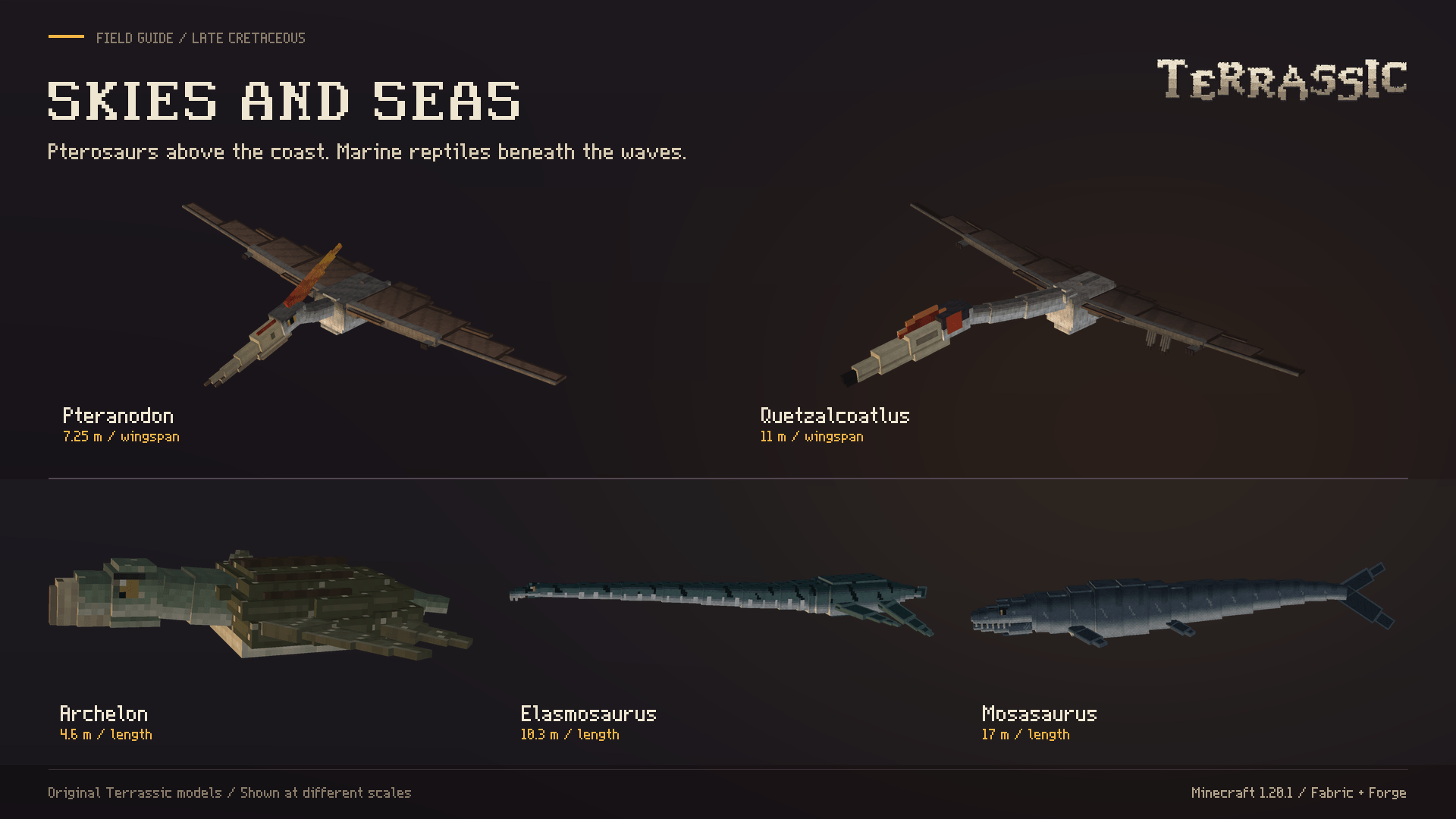 Pteranodon and Quetzalcoatlus above, Archelon, Elasmosaurus and Mosasaurus below. Rendered from the in-game models.