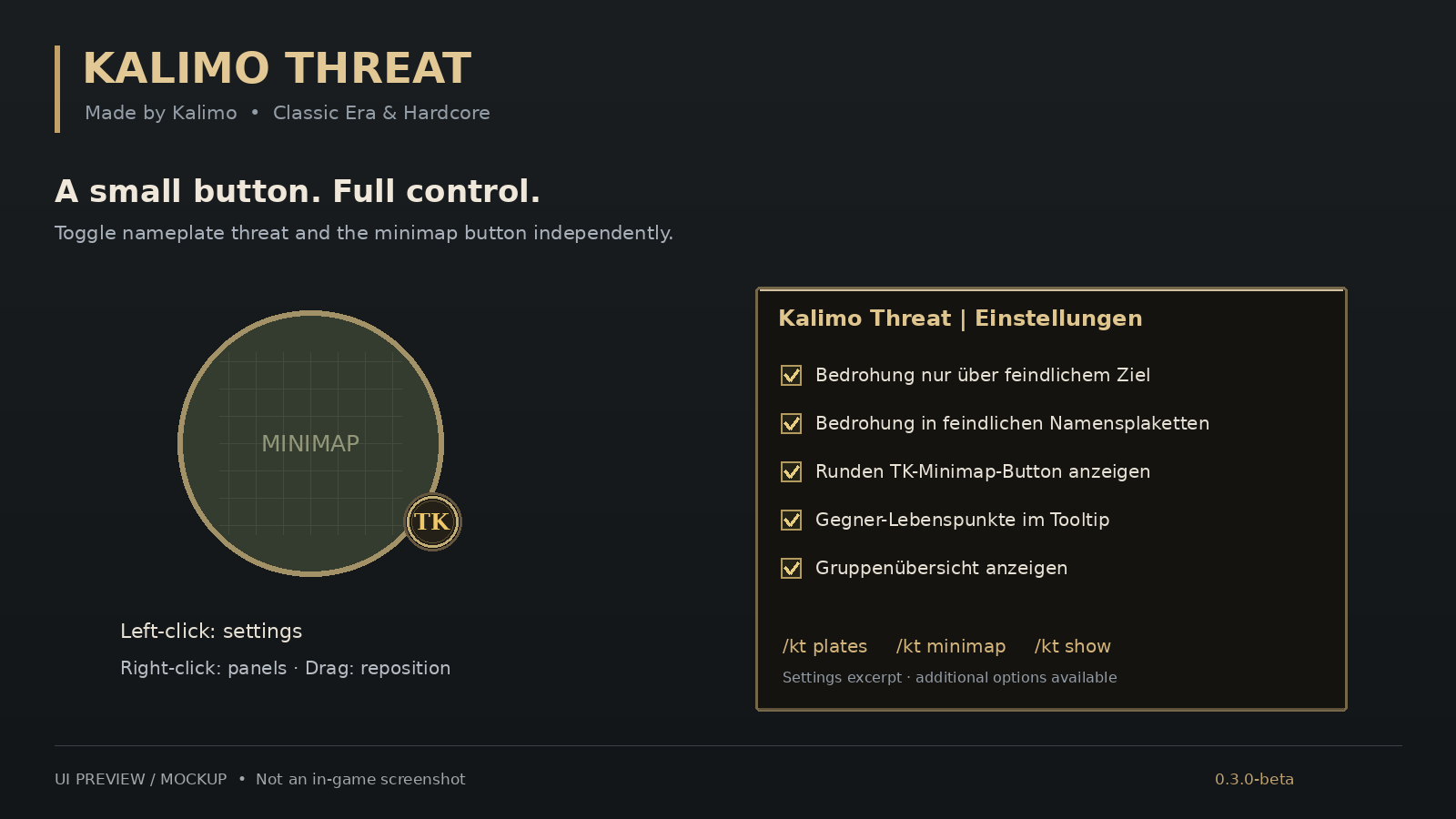 Kalimo Threat — minimap button and settings preview