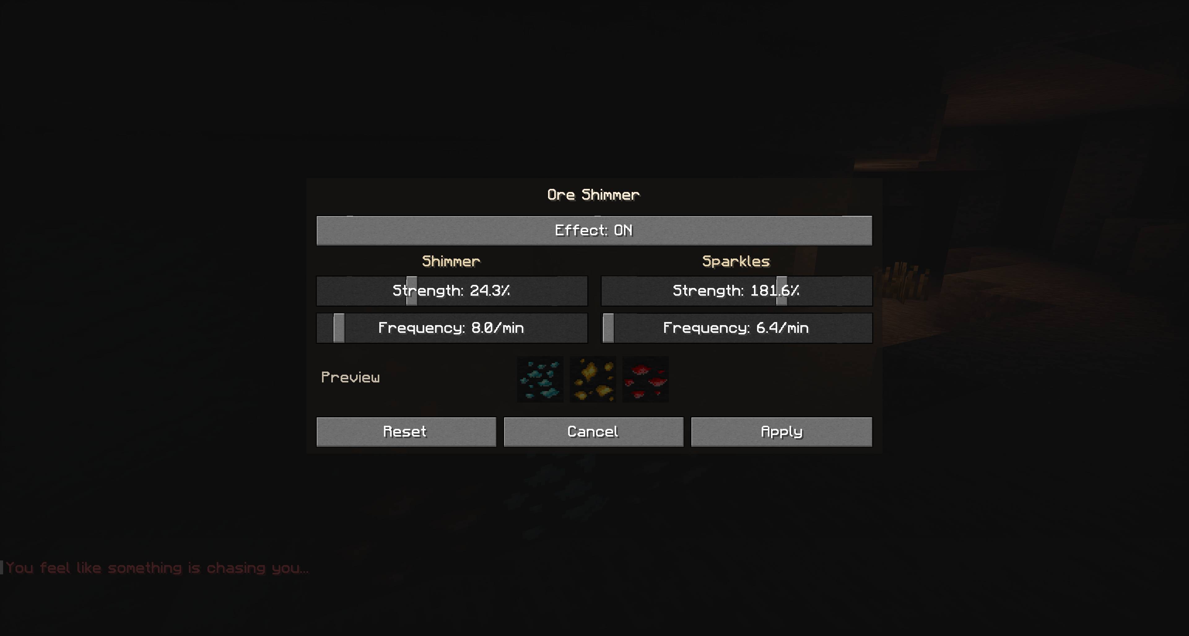 Ore Shimmer settings — four independent sliders and a live preview