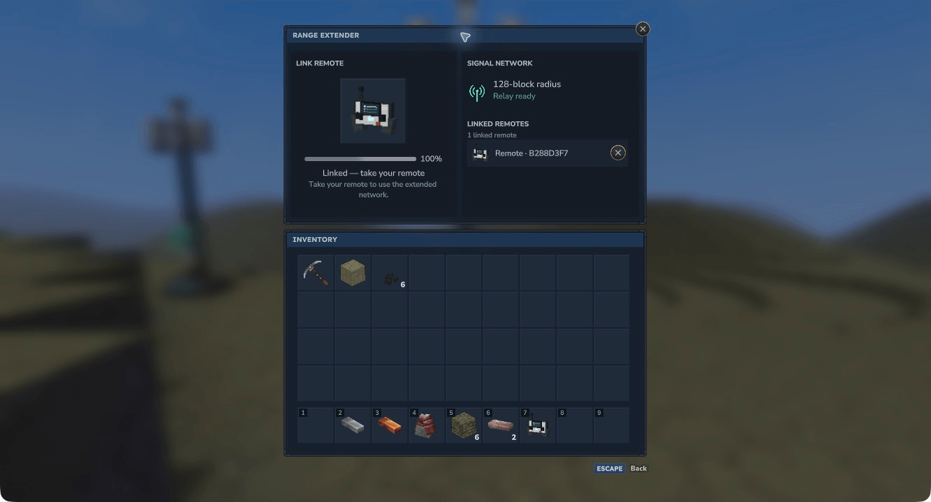 Thumbnail Hytale 0.7.4: place a Fleet Remote in the slot, wait six seconds and retrieve it. All 36 storage slots and the hotbar are visible together.