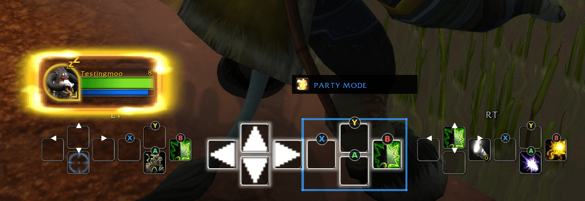 Thumbnail Party mode: enter this mode will replace your original ABXY keybinds to your choice of spells, navigate party list or raid frame with Dpad. No matter what your hard target enemy is, your friendly spells will always cast on the selected friendly target