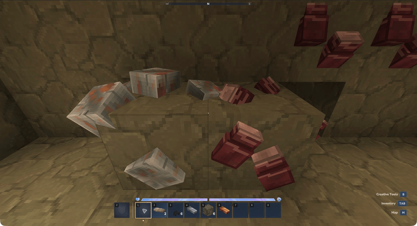 Thumbnail Native Hytale 0.7.4: raised Optimium deposits on the right, iron ore on the left. Find small Optimium veins in newly generated underground stone.