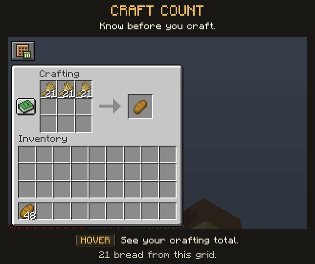 Hover a crafting result to see the total, then hold Shift to preview inventory destinations.