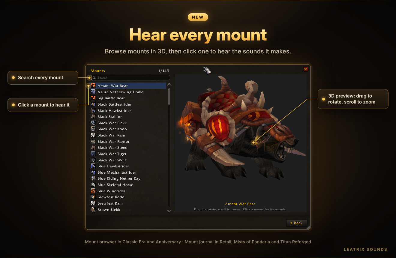 Browse mounts and hear their sounds