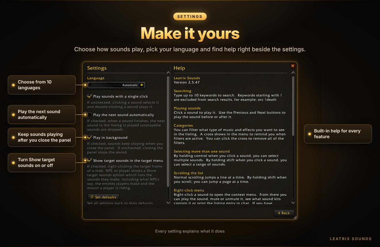 Settings and help