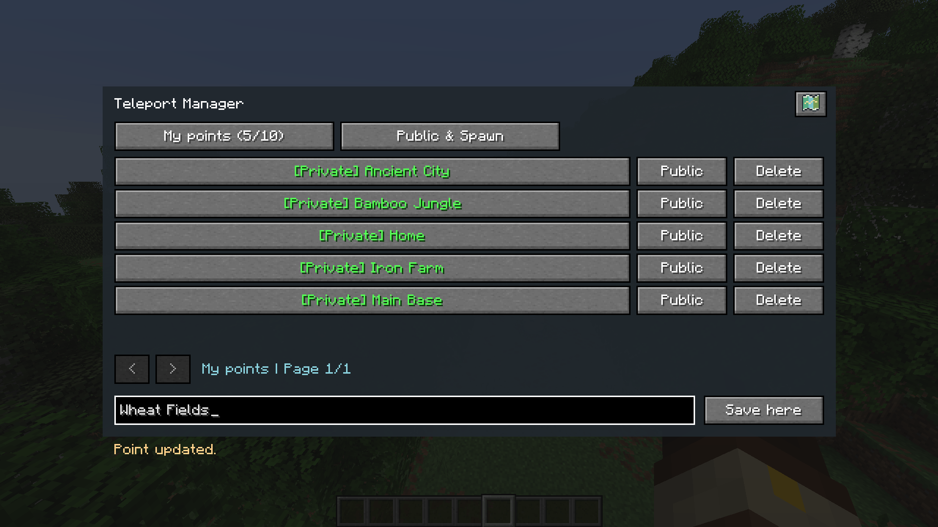 Thumbnail Type a name and save your current position as a new teleport point.