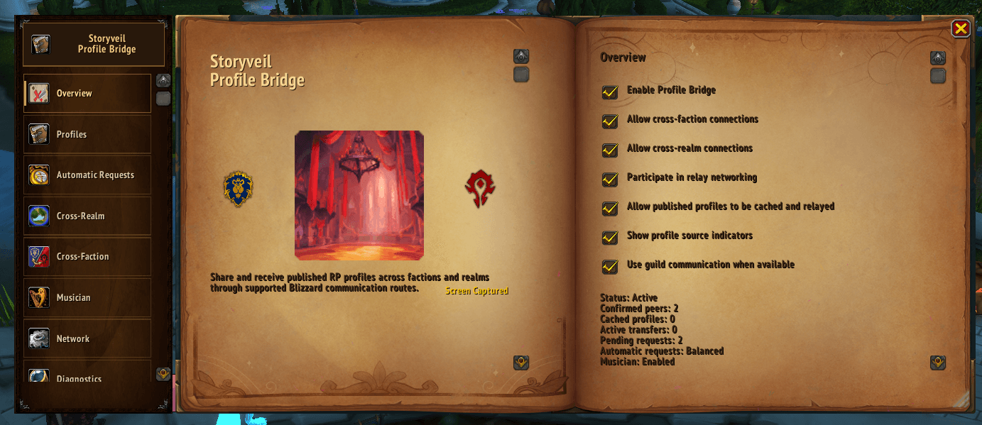 Thumbnail The main interface for Storyveil Profile Bridge, featuring a Blizzard inspired journal design. Manage profile sharing, cross faction and cross realm connections, network settings, and Musician integration from one convenient interface.