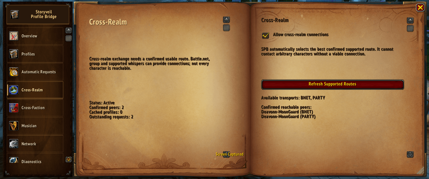 Thumbnail Exchange compatible RP profiles with players on other realms through supported communication routes. Storyveil Profile Bridge automatically discovers available connections and displays confirmed reachable players.